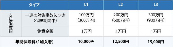 保険タイプL1からL3の支払限度額、免責金額、年間保険料。タイプL1: 一連の対象事故につき支払限度額100万円（保険期間中300万円）、年間保険料10,000円。タイプL2: 一連の対象事故につき支払限度額200万円（保険期間中600万円）、年間保険料12,500円。タイプL3: 一連の対象事故につき支払限度額300万円（保険期間中900万円）、年間保険料15,000円。免責金額は全タイプ共通で1万円。